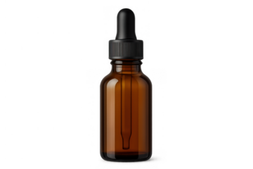 Brown glass dropper bottle with a black pipette cap, concept of natural cosmetics, medicine, essential oil, or serum packaging, transparent background