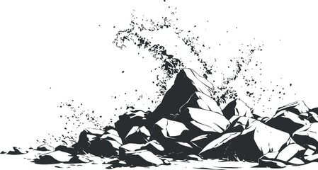 Fototapeta premium Monochrome illustration of a chaotic pile of rocks and debris, emphasizing texture and contrast.