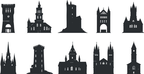 Fototapeta premium Silhouettes of various historic castles and churches showcasing gothic architecture and medieval designs.