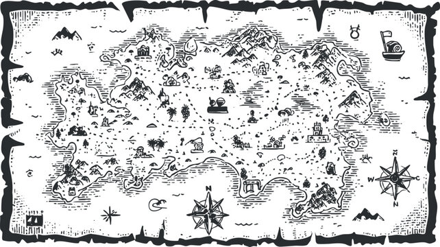 Vintage pirate treasure map illustration with detailed nautical symbols and compass rose.