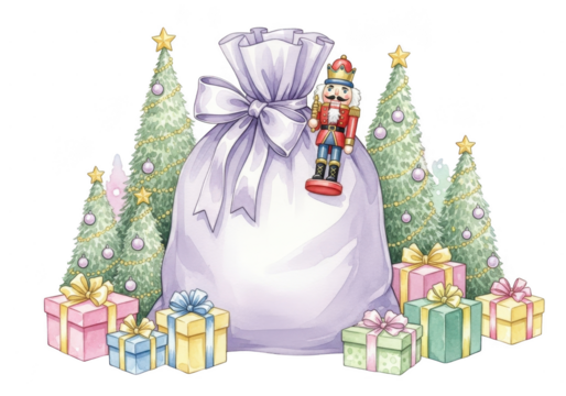 Watercolor illustration of a large white gift sack tied with a bow, featuring a nutcracker toy and surrounded by decorated christmas trees and colorful presents, isolated on transparent background