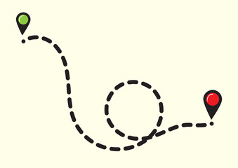 A winding journey from a green starting point to a red destination, illustrated with a looping dashed line path and location markers
