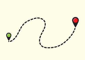 A simple illustration of a dotted line path connecting a green start pin to a red destination pin, symbolizing a journey or route map for travel and navigation