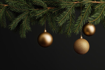 Three gold Christmas baubles hang from lush pine branches against a black background, creating a refined and festive holiday atmosphere