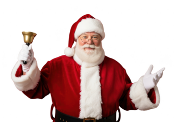 Cheerful santa claus character in red suit holding a golden bell and ringing it, isolated on transparent background