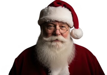 Close up portrait of a cheerful older man dressed as santa claus wearing a red hat with white fur trim and a long white beard isolated on transparent background