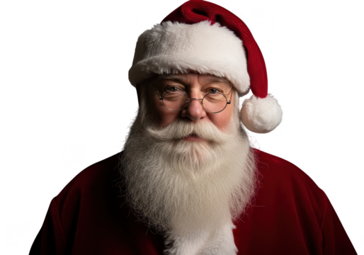 Close up portrait of a cheerful older man dressed as santa claus wearing a red hat with white fur trim and a long white beard isolated on transparent background