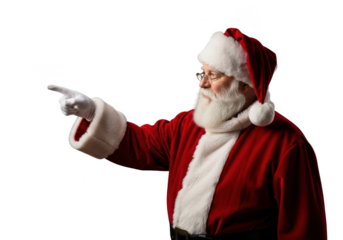 Portrait of santa claus in red suit pointing to the side with his gloved hand, isolated on transparent background