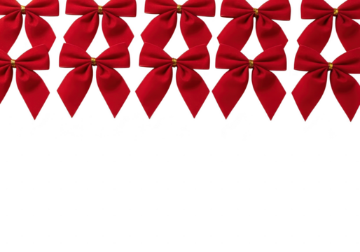 Row of bright red decorative gift bows arranged along the top edge, isolated on transparent background for holiday design element