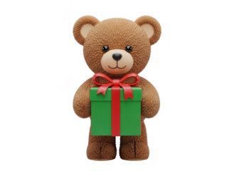 Cute brown teddy bear holding a green gift box with a red ribbon, isolated on transparent background