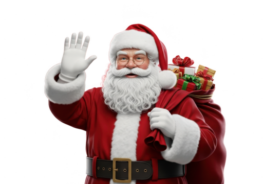 Cheerful santa claus waving hand and carrying a large sack full of colorful wrapped christmas presents isolated on transparent background