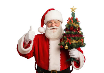 Cheerful santa claus in red suit holding a small decorated christmas tree and giving a thumbs up gesture, isolated on transparent background