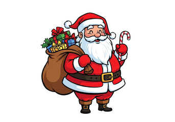 Obraz premium Cartoon illustration of santa claus holding a sack full of gifts and a candy cane, isolated on transparent background