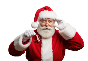 Portrait of cheerful santa claus wearing red suit and hat, holding a small brass bell and saluting, isolated on transparent background
