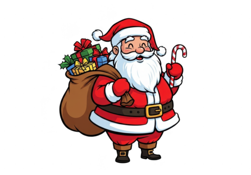 Cartoon illustration of santa claus holding a sack full of gifts and a candy cane, isolated on transparent background