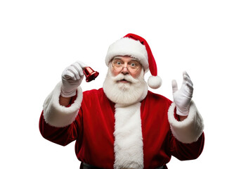 Cheerful santa claus wearing traditional red suit and hat ringing a small brass hand bell with white gloves isolated on transparent background