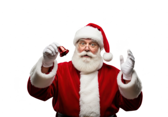 Cheerful santa claus wearing traditional red suit and hat ringing a small brass hand bell with white gloves isolated on transparent background
