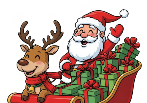 Cheerful cartoon santa claus waving from a sleigh full of green christmas gift boxes being pulled by a happy reindeer, isolated on transparent background
