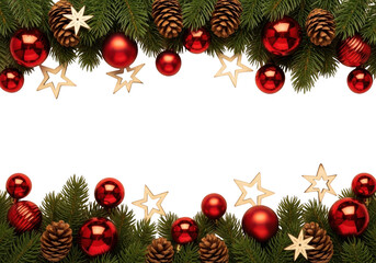 Christmas border frame with shiny red bauble ornament, pine cone, and star decoration on green fir branch isolated on transparent background