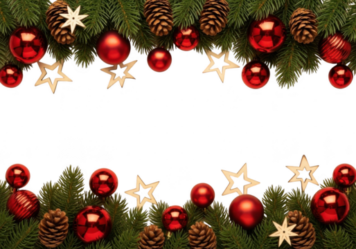 Christmas border frame with shiny red bauble ornament, pine cone, and star decoration on green fir branch isolated on transparent background