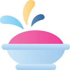 Pink powder exploding from a light blue bowl with splashes of yellow and blue against a transparent background in a vibrant abstract illustration