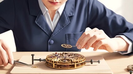 Watchmaker meticulously assembling intricate clockwork mechanism with magnifying loupe.