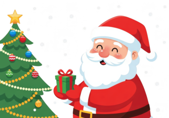 Cute cartoon santa claus holding a small green gift box next to a decorated christmas tree, isolated on transparent background