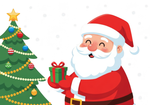 Cute cartoon santa claus holding a small green gift box next to a decorated christmas tree, isolated on transparent background