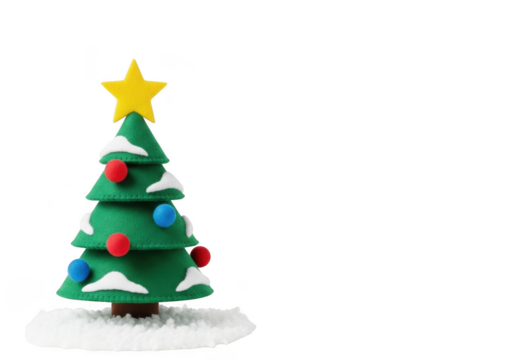 Small felt christmas tree decoration with colorful ornaments and yellow star topper, isolated on transparent background