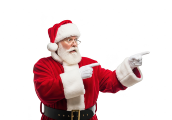 Portrait of santa claus in traditional red suit pointing to the side with his gloved hand, isolated on transparent background