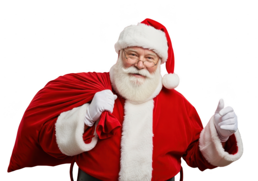 Cheerful santa claus wearing red suit and hat with white fur trim holding a large sack and giving a thumbs up, isolated on transparent background