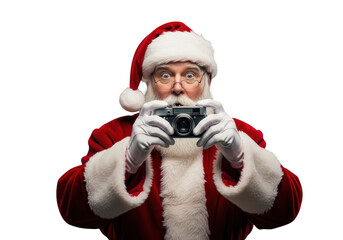 Portrait of santa claus wearing glasses and holding a vintage camera taking a picture, isolated on transparent background