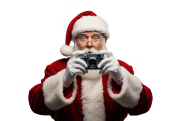 Portrait of santa claus wearing glasses and holding a vintage camera taking a picture, isolated on transparent background