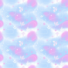 Pastel abstract background with stars and leaves. Seamless pattern in blue and pink shades for textiles and wrapping paper