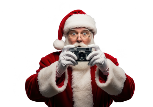 Portrait of santa claus wearing glasses and holding a vintage camera taking a picture, isolated on transparent background