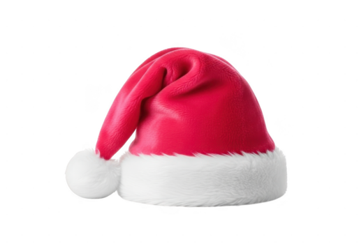 A classic red and white santa claus hat with a fluffy pompom, isolated on transparent background for easy use in holiday designs