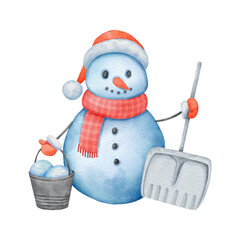 Watercolor snowman with a shovel. Cute watercolor Christmas illustration on a white background for textiles and wrapping paper.