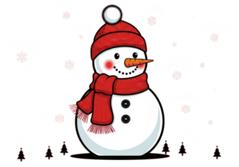 Cute cartoon snowman wearing a red knitted hat and scarf, isolated on transparent background