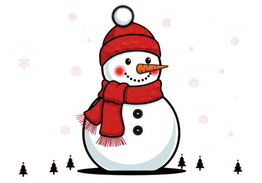 Cute cartoon snowman wearing a red knitted hat and scarf, isolated on transparent background