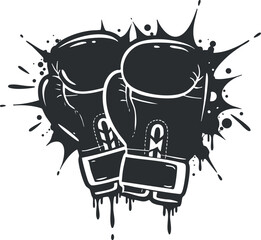 Bold black and white vector illustration of boxing gloves with dynamic splash elements, ideal for sports branding and fitness designs