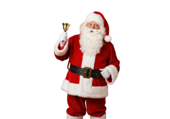 Cheerful santa claus in red suit holding a small golden bell and ringing it against a transparent background
