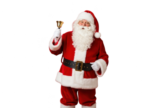 Cheerful santa claus in red suit holding a small golden bell and ringing it against a transparent background