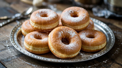 Powdered sugar donuts on asilver serving dish