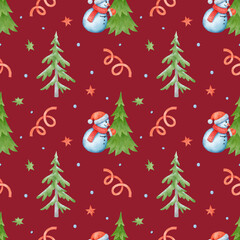Christmas snowmen. Watercolor seamless pattern with fir trees, snowflakes, and confetti for wrapping paper and textiles