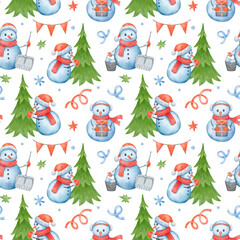 Christmas snowmen. Watercolor seamless pattern with fir trees, snowflakes, and confetti for wrapping paper and textiles