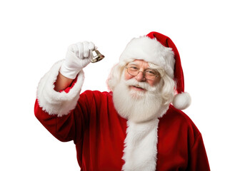 Cheerful santa claus ringing a small brass bell while wearing a traditional red suit and hat, isolated on transparent background