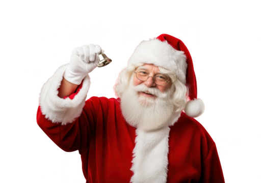 Cheerful santa claus ringing a small brass bell while wearing a traditional red suit and hat, isolated on transparent background