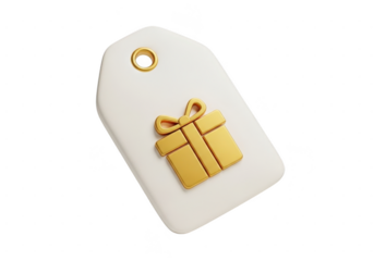 White gift tag with a golden 3d present icon isolated on transparent background
