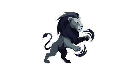 Graphic illustration of a poised, dark grey lion with stylized claws, rendered in sharp, geometric shapes