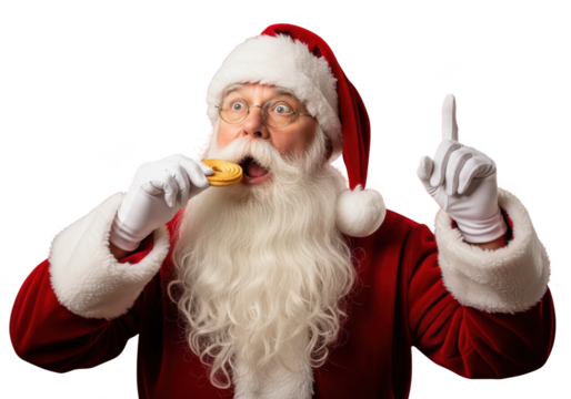Portrait of santa claus eating a cookie and pointing upward with his other hand, isolated on transparent background
